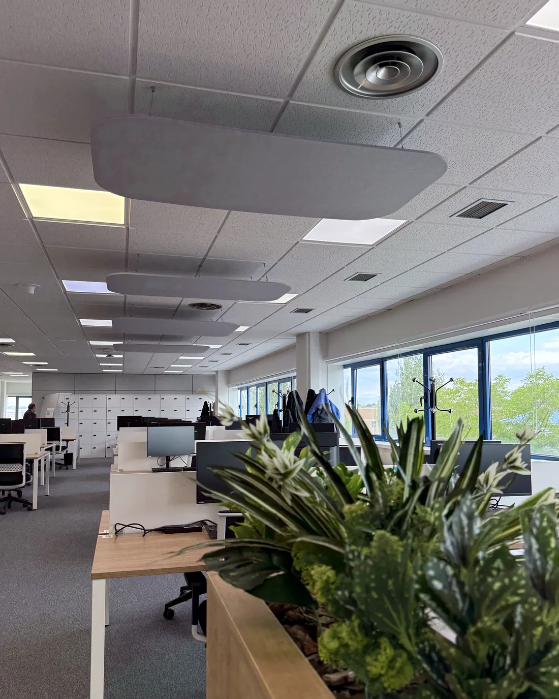 Oficina diáfana con nubes acústicas suspendidas sobre los puestos de trabajo
